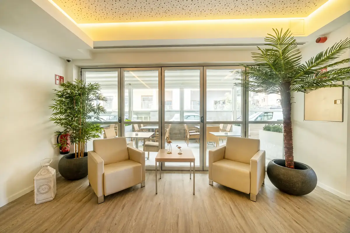A bright lounge area at The Sky Hotel